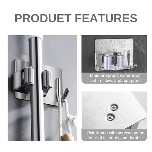 Mop and Broom Holder Wall Mount,Broom Holder Wall Mount,4 Pack Stainless Steel Broom Holders,with Strong Grip, Nail-Free Glue Installation,for Bathroom, Laundry,Office