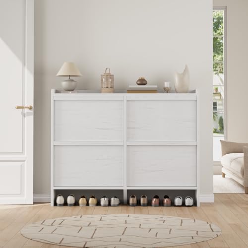 GarveeHome Shoe Cabinet with 4 Flip Drawers, Wooden Shoe Organizer Cabinet with Adjustable Shelf, Shoe Storage for Entryway, Hidden Shoe Cabinet for Hallway, Living Room, White - color: White, size: 4-Drawers