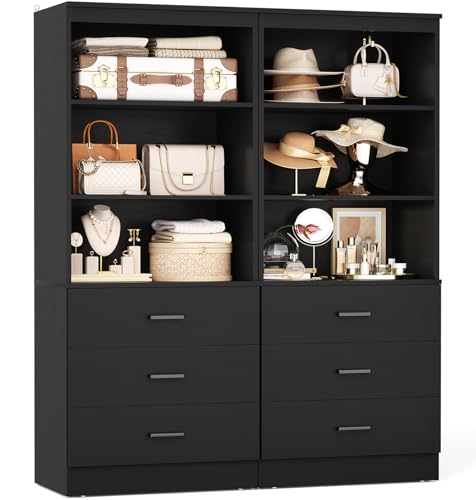 Aheaplus 47.2" Closet Drawers System, 3.94FT Wood Closet Organizer System with 6 Drawers, Modular Small Walk-in Closets Storage Unit, Set of 2, Black (47.2" L x 13.8" W x 71" H) - color: Black, size: 47.2''