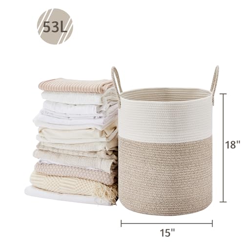 VIPOSCO Large Laundry Hamper, Tall Woven Rope Storage Basket for Blanket, Toys, Dirty Clothes in Living Room, Bathroom, Bedroom - 53L White & Brown - color: Brown, size: 53L