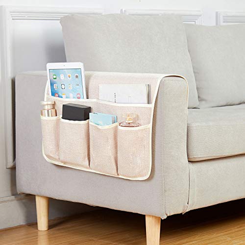 Sofa Armrest Organizer Non-Slip Arm Chair Hanging Caddy Remote Control Holder for Magazine, Phone, Books, Glasses(Beige,19in) - color: Beige, size: 35"x19"