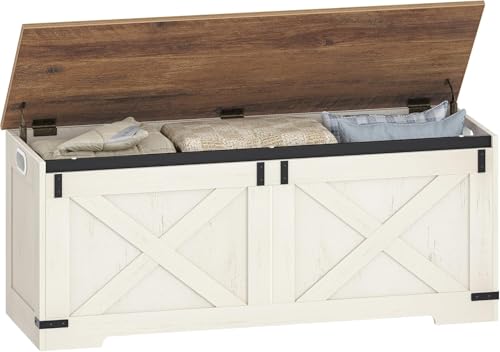 Hzuaneri 47.2" Storage Chest, Large Storage Trunk with 2 Hinges, Farmhouse Wooden Box Bench, Lift-Top Organizer Chest, Entryway Trunk for Bedroom, Living Room, White and Brown SB12114X - color: White and Brown, size: 15.7"D x 47.2"W x 19.1"H