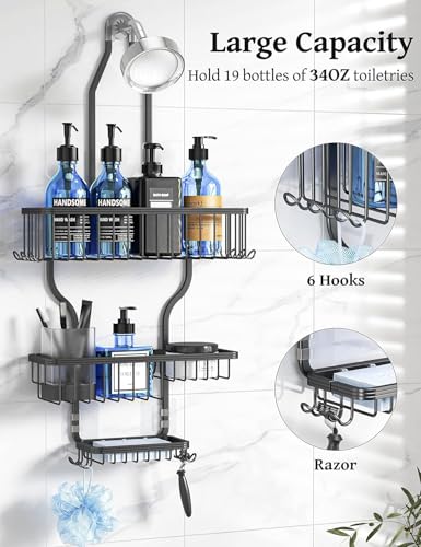 YASONIC Never-Rust Aluminum Hanging Shower Caddy – Over-the-Showerhead Organizer with 10 Hooks for Razor and Sponge – Includes Soap Basket – Black - color: Black