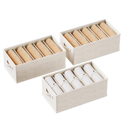 3 Pack Large Wardrobe Clothes Organizer and Storage, Fabric Sweater Organizer for Closet with Handles 5 Grids Foldable Drawer Dividers for Pants, Jeans, T-shirts, 20.8"×11.2"×7.5"