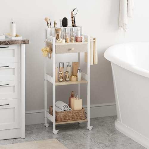 3 Tier Bathroom Shelf with Drawer, 12.8in Large Floor Makeup Organizers Cosmetics Display Cases Holder for Hair Tool, Skincare, Kitchen, Bathroom, Laundry Room Organization - color: 12.8“ White With Drawer