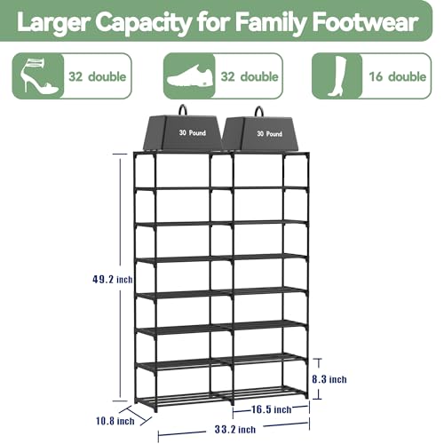 Large Shoe Rack Organizer, 2-Row 8-Tier Tall Shoe Storage Shelf for Closet, Entryway, Garage, Metal Free Standing Shoe Holder for 28-32 Pairs Shoes, Sturdy Stackable Shoe Stand for Bedroom - size: 2 Row 8 Tier