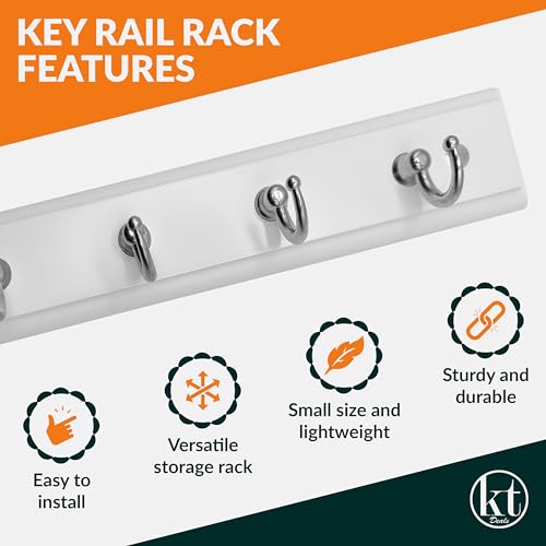 Wall Mounted Key Rack Rail Hanger Key Holder Wall Mount with 4 Hooks Hanging Storage Keys Organizer Home Decor (White)