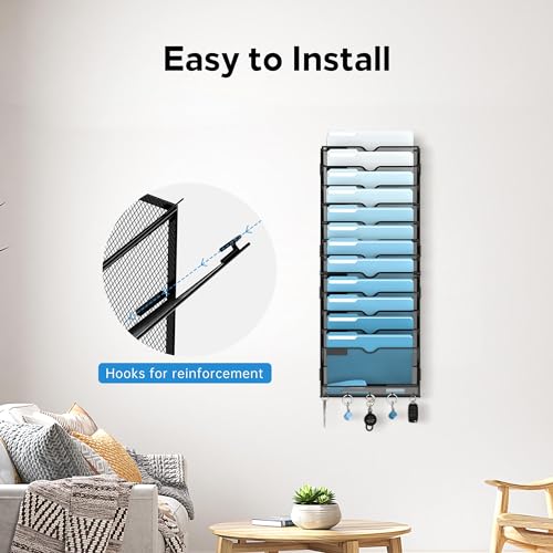 SUPEASY 13-Tier Wall File Organizer, Wall File Holder with Hooks, Mesh Hanging File Organizer, Mail Organizer Wall Mounted for Papers, Folders, Office Magazine Rack, Assembly Needed, Black
