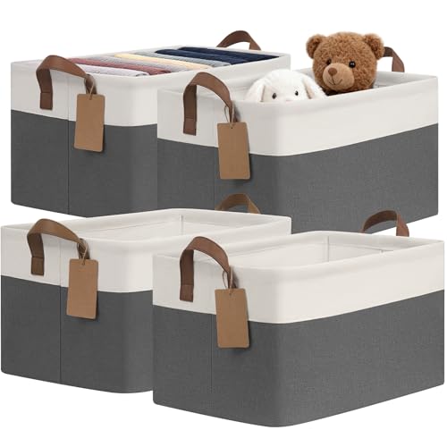 CHICVITA 4 Pack Large Storage Baskets for Shelves, Collapsible Closet Organizer Bins with Handles, Decorative Shelf Baskets for Bedroom Living Room, 16.8" x 11" x 9.8", Gray & White - color: Gray & White, size: 30L (16.8"L x 11"W x 9.8"H)