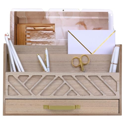 BLU MONACO | Wooden Mail Organizer with Drawer and Gold Handle | Outgoing Mail Holder and Letter Sorter for Desk | Natural Wood Desktop Paper Organizer - color: Natural Wood