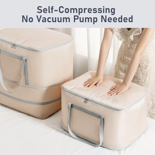 DIMJ Comforter Storage Bag - 120L Large Blanket Storage Compression Bags with Handles, Washable Clothes Storage Totes for Moving Closet, Space Saving Organizer for Bedding Comforter Blanket - color: Beige, size: 120L x 4 Pack