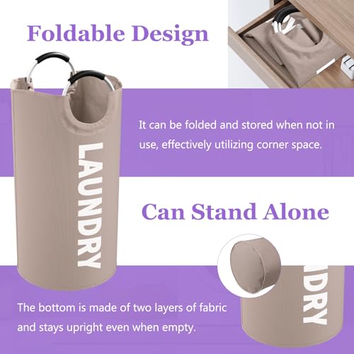 95L Folding Laundry Basket for Singles, Large Laundry Hamper with Aluminum Handles, Freestanding Dirty Clothes Basket, Sturdy Oxford Fabric Clothes Hampers for Travel, Dormitory, Khaki - color: Khaki, size: L-95L