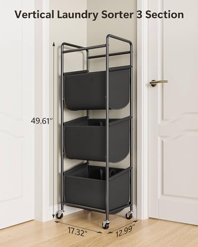 3 Section Laundry Sorter with Removable Bags, 120L Rolling Vertical Laundry Hamper, Stackable Laundry Baskets organizer for Bathroom, Apartment, Dorm (Black, With Wheel) - color: Black, size: With Wheel