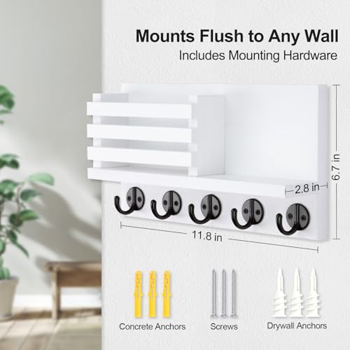 Lwenki Key Holder for Wall – Decorative Wooden Mail Holder and Key Shelf with Mounting Hardware, Installation Guide – Paulownia Wood with Metal Key Hooks (White, Large - 11.8inch) - color: White, size: Large - 11.8inch
