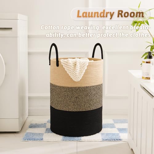 Artfeel Laundry Basket,Woven Cotton Rope Laundry Hamper,60L for Decorative Storage of Dirty Clothes,Toys and Blankets in Bathroom,Bedroom and Living Room - color: Black & Brown, size: 60L