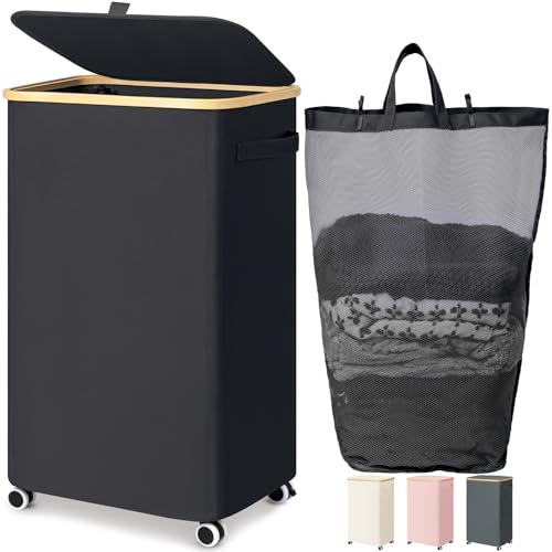 Goodpick Laundry Basket with Wheels, 100L Rolling Laundry Hamper with Lid Clothes Hampers with Removable Wash Bag Large Clothes Basket for Bedroom, Bathroom, Black - color: Black, size: 100L (17.3"L x 13"W x 29.5"H)
