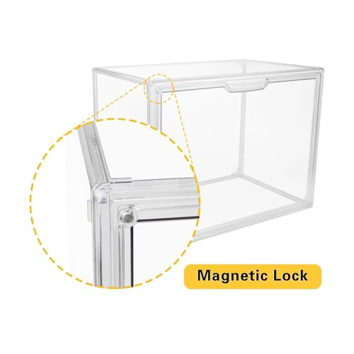 GUDEMAY Clear Stackable Plastic Storage Bins with Magnetic Lid, Dustproof Book & Cosmetic Display Cases, Large Figures Collectibles Showcase, Shoe Box, Protection Organizer (L, Count, 5) - size: L