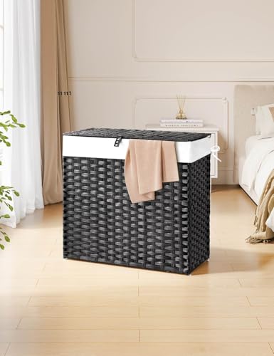 Greenstell Laundry Hamper with Lid, 125L Laundry Basket with 2 Removable Liner Bags & 2 Mesh Bags, Handwoven Synthetic Rattan Clothes Hamper for Clothes, Toys in Bathroom, Bedroom, Foldable, Black - color: Black, size: 125L (25.6 x 13.0 x 23.6 inches)