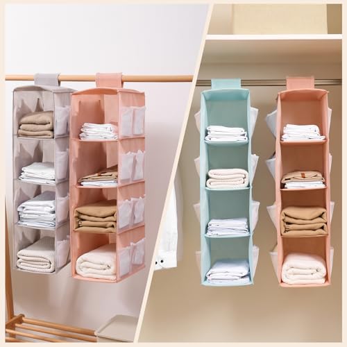 Hanging Closet Organizer, 4-Section Storage Shelves, Oxford Cloth with Mesh Pockets, (Pink, 4 Section) - color: Pink, size: 4 Section*2PACK