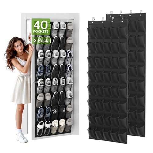 Unjumbly Over the Door Shoe Organizer with 40 Large Breathable Mesh Pockets, Space Saving Shoe Holder, Hanging Shoe Rack for Entryway Bedroom Closet Storage (Black, 80 Pockets) - color: Black, size: 80 Pockets