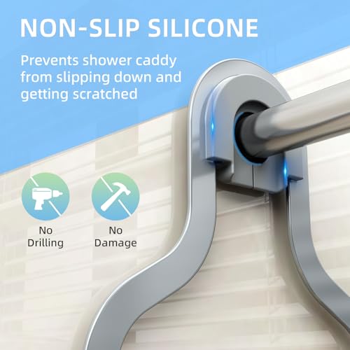 Bathroom Hanging Shower Organizer, Over Head Shower Caddy Shower Storage Rack Basket with Hooks for Razor and Sponge Rustproof, Silver [Patented] - color: Silver