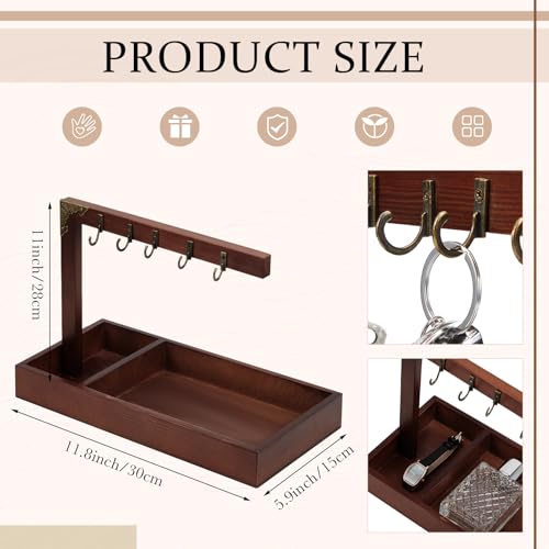 Wonderjune Key Tray for Entryway Table, with 5 Metal Hooks and Wood Base, Vintage Wood Key Tray Stand Holder for Keychain Jewelry Catchall Necklace Jewelry Ring Organizer, 11.8 x 11 x 5.91 Inch