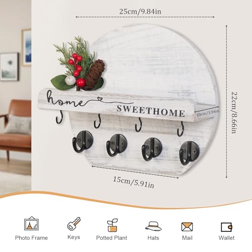 Key Holder for Wall, Key and Mail Holder Organizer - Key Holder Wall Mount with Bouquet Shelf and Key Hooks, Round Wooden Rustic Key Rack for Entryway and Home Decor (Pale White) - color: pale white