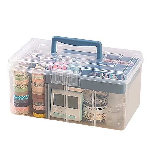 Clear Plastic Arts & Craft Supplies Organizer Box Large with a Removable Tray & A Partition & Handle, Office Home School Desktop Stationery Storage Box, Medicine Box (Clear & Ocean Blue) - color: Clear with Ocean Blue, size: Large