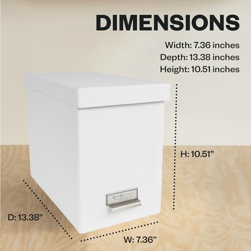Bigso John Fiberboard Label Frame Desktop File Storage Box - Document Organizer for Important Paperwork - Durable Hanging File Box with a Lid & Metal Label Window - 7.36 x 13.38 x 10.51 in - White - color: White