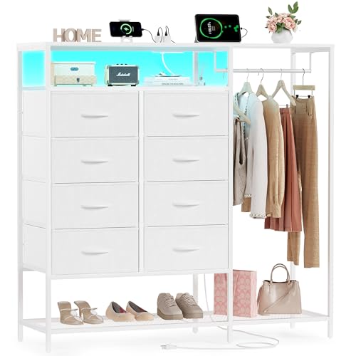 White Dresser for Bedroom with 8 Drawers, Bedroom Dressers with Hanging Rack, Clothes Storage Cabinet with Led Lights & Charging Station, 47 Inch Chest of Drawers with Shelves for Bedroom, Closet - color: White, size: 11.8"D x 39.4"W x 31.5"H (8 Drawers)