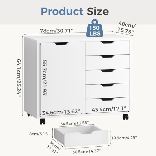 DUMOS 5 Drawer File Cabinet Office Drawers Organizer with Wheels Rolliing, Under Desk Cabinets with Shelves and Door Printer Stand with Wood Board Metal Frame for Home Office Storage Craft Room, White - color: White