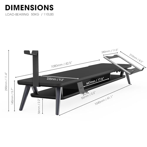 Fenge Dual Monitor Stand, Monitor Riser for 2 Monitors with Adjustable Laptop Riser , 42.5 Inch Desk Shelf for Top of Desk with Phone Holder& Headphone Stand - color: Black