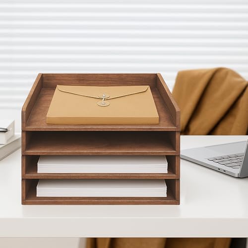PROLEE Wooden Paper Tray Organizer for Desk,Stackable Paper Holder and Letter Tray,4-Tier Desktop File Storage Rack for Study,Home and Office(Walnut,14" x 9.5" x 2.5") - color: Walnut