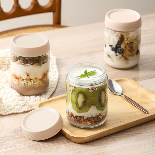 NETANY 6-pack 16oz Glass jars with Airtight Lids, Overnight Oats Containers with Lids, Wide mouth Mason Salad jars, Glass Food Storage Containers for Snacks Yogurt Spice Sugar-Beige - color: Beige-6pack-16oz