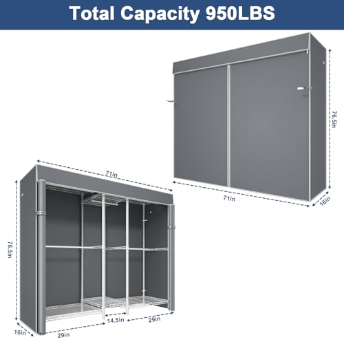 Ulif E12C Pro Heavy Duty Closet Organizer System，Freestanding Clothing Racks for Hanging Clothes，Adjustable Garment Rack 71"W x 16"D x 76.5"H Hold 960lbs，White Clothing Rack with Grey Dustproof Cover - color: White Rack With Grey Cover, size: E12C Pro