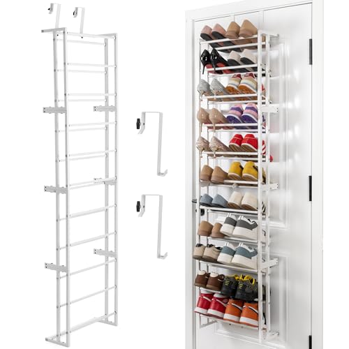 HUXOR 11 Tier Over The Door Shoe Organizer, Heavy-Duty Metal Shoe Rack for Door, Fit 22 Pairs Hanging Shoe Organizer for Sneakers, High Heel (White)