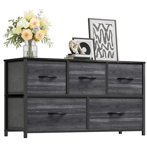 YITAHOME Dresser with 5 Drawers - Fabric Storage Tower, Organizer Unit for Bedroom, Living Room, Closets - Sturdy Steel Frame, Wooden Top - color: Cool Black Wood Grain, style: 5-Drawer