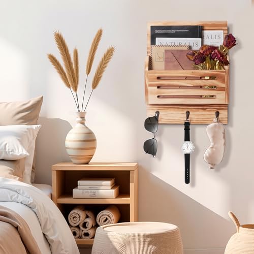 Key and Mail Holder Wall Mount, 2-Slot Wooden Mail Organizer with 3 Key Hooks, Decorative Mail Sorter Wall Mounted, Rustic Key Rack Hanger for Entryway, Farmhouse, Home Decor, Brown - color: Brown