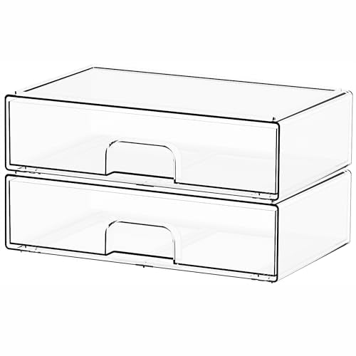 Yieach 12.1''W Clear Stackable Storage Drawers,2 Pack Acrylic Drawer Organizer for Hair Accessories,Makeup Organizers,Plastic Organizer Bins for Vanity,Bathroom,Cabinet,Desktop,Office Supply Organizer - color: Clear-12.2 In Width, size: 2 PCS
