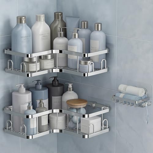 Veken Corner Adhesive Shower Caddy 3-Pack with Soap Holder&Hooks,No Drilling Shower Shelves,Rustproof & Waterproof Bathroom Organizers and Storage,Rack for Small Spaces, Kitchen&Rental-Friendly,Silver - color: Silver, size: 3-Piece Set(2 Large+1 Small)