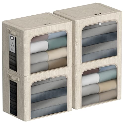 4 Pack Clothes Storage Bins with Metal Frame - 36L Stackable Storage Box with Lid，Foldable Storage Container Organizer for Clothes，Linen Fabric Storage Box with Clear Window＆Zippers＆Handles - color: Beige, size: 36L