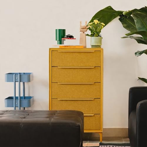 tinge Naima Premium Fabric Dresser - Strong Metal Frame, 5 Spacious Sag-Proof Drawers with Sleek Metal Handles - Premium & Durable Storage Solution for Your Home (Yellow) - color: Yellow, size: 14"D x 23.5"W x 41.8"H (5 Drawers)