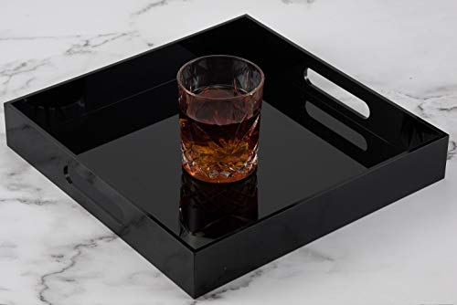 KEVLANG Glossy Black Sturdy Acrylic Serving Tray with Handles-10x10Inch-Serving Coffee,Food,Breakfast,Butler-Kitchen Countertop Tray-Makeup Drawer Organizer-Vanity Table,Ottoman Tray-Decorative Tray - color: Glossy Black, size: 10" x 10" x 2"