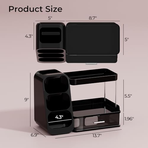 Makeup Organizer for Vanity with Brush Holder, 2 Tiers Countertop Skincare, Cologne Organizer and Perfume Stand for Men Bathroom Vanity, Large Capacity Makeup Storage, Black - color: Black+Clear, size: Large