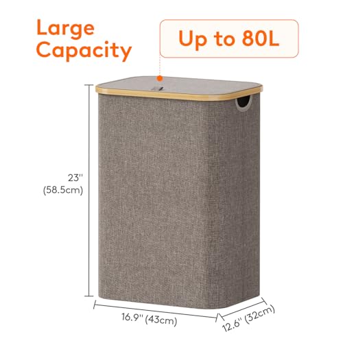 Lifewit 80L Laundry Basket with Lid, Clothes Hampers for Laundry with Bamboo Handles and 1 Removable Bag, Large Foldable Laundry Hamper for Bedroom, Bathroom, Dorm, Laundry Room, Brown - color: Brown, size: 80L