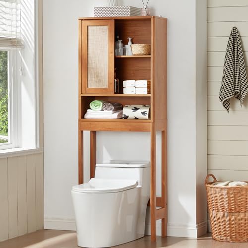 LEYAOYAO Over The Toilet Storage Cabinet with Rattan Sliding Door, 68" Tall Wood Above Toilet Bathroom Organizer w/Adjustable Shelf & Curved Profile, Space Saver Freestanding Washer Shelf - color: Teac, size: 10"D×23.3"W×68"H