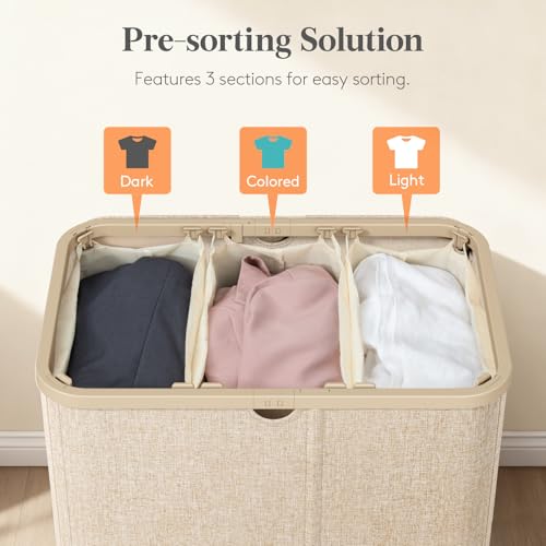 Lifewit 185L Large 3 Section Laundry Hamper with Lid, Plastic Laundry Basket with Bamboo Handles and Removable Bags, Tall Foldable Clothes Hamper for Bathroom Bedroom, Beige - color: Beige
