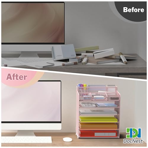 Docnest 6 Tier Mesh Desk Organizer for Paper Office Supplies – Multi-Functional Letter Tray with 5 Adjustable Compartments, 9 Pen Holders, Desktop Storage for Files, Mail, Stationery – Pink - color: Pink, size: 12.7" x 9.1" x 15.5"