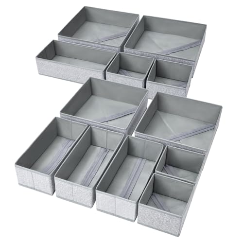 DIMJ Drawer Organizers - 12 Pack Foldable Closet & Sock Organizers, Fabric Dresser Drawer Dividers for Clothes, Underwear, Bras, Socks - color: Blended Gray, size: 12 Pack
