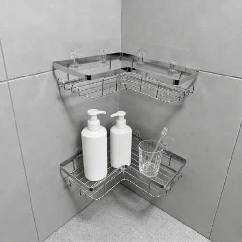 Shower Caddy 2 Pack, Stainless Steel No Drilling Adhesive Bathroom Organizer Shelf Rack, Corner Shower Shelf with Hooks for Home Decor & Storage